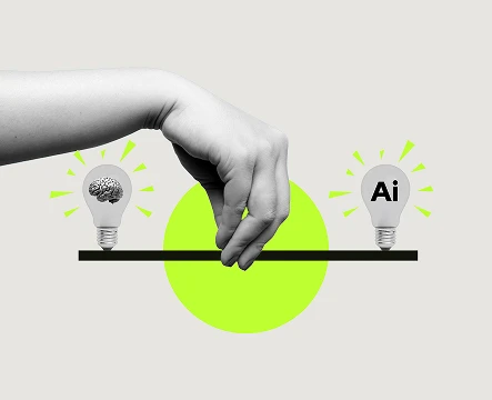 Person sitzt auf Zahnrädern mit „AI“ und Uhr, Symbol für Automatisierung und effiziente Arbeitsprozesse