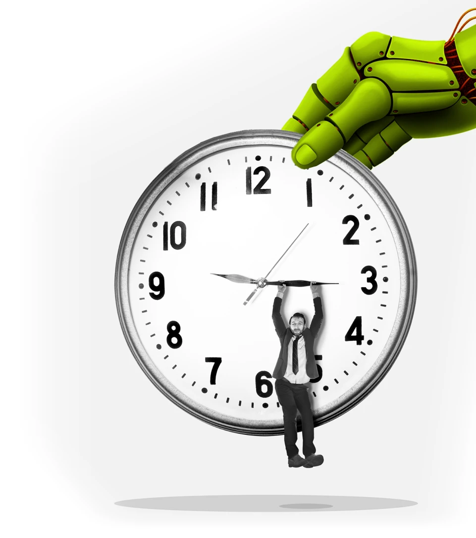 Geschäftsmann hängt an den Zeigern einer großen Uhr, während eine Roboterhand sie hält, Symbol für Zeitdruck durch Automatisierung