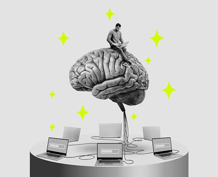 Person sitzt auf einem großen Gehirn mit Laptop, umgeben von vernetzten Computern, Symbol für künstliche Intelligenz und Datenverarbeitung