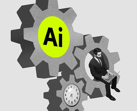 Person sitzt auf Zahnrädern mit „AI“ und Uhr, Symbol für Automatisierung und effiziente Arbeitsprozesse
