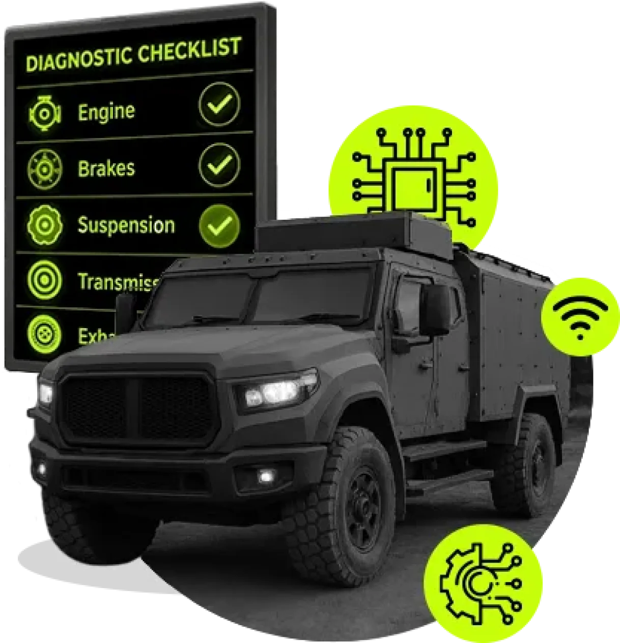 Armoured vehicle with diagnostics checklist and connectivity icons