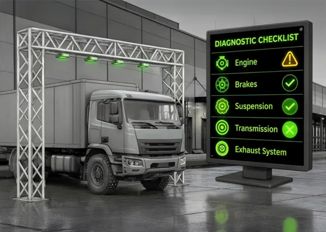 Truck maintenance bay with predictive diagnostics dashboard