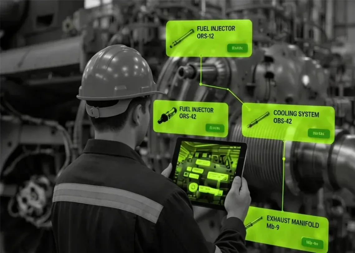 Technician using guided diagnostics and parts identification overlays