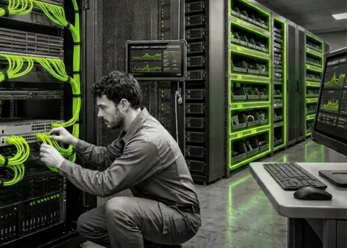 Engineer working in server room with secure infrastructure