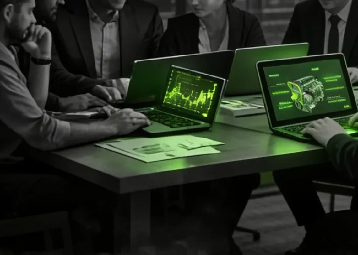 Management team reviewing defence strategy on laptops