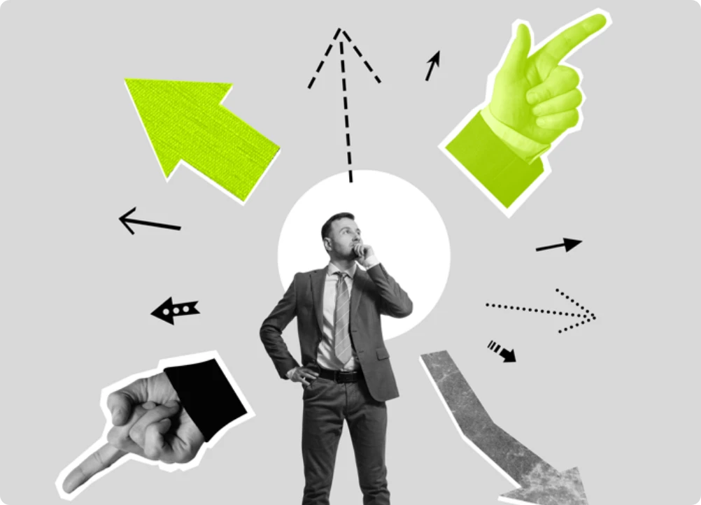 Eine Person, die verschiedene Optionen abwägt und damit die Entscheidungsfindung symbolisiert