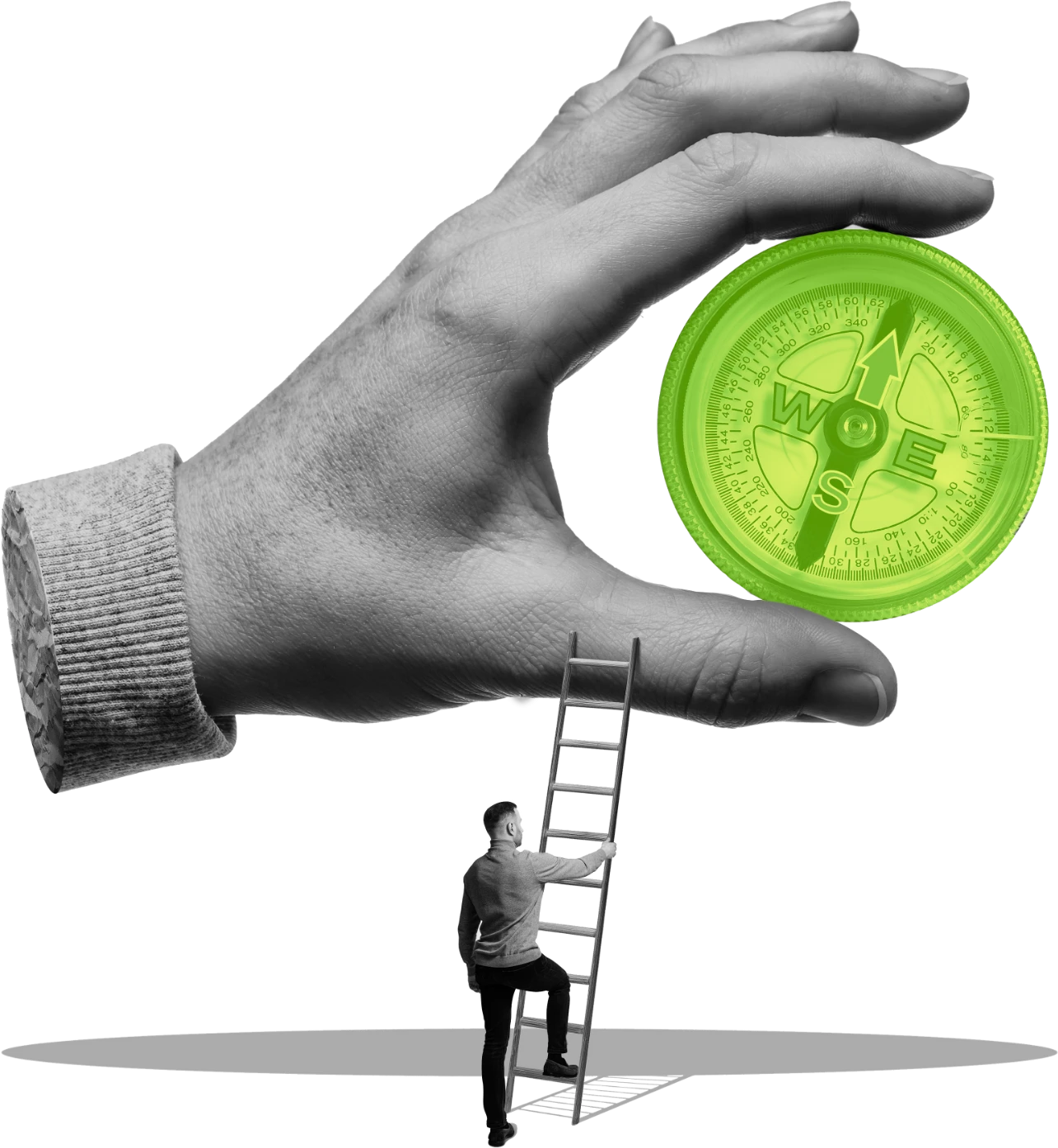 Eine Person, die mit fremder Hilfe eine Leiter hinaufsteigt, um den Weg zu finden