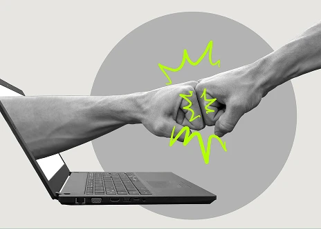 Laptop mit Diagrammen, Pfeilen und Personen, Symbol für Wachstum, Analyse und digitale Entwicklung