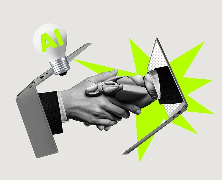 Menschliche Hand schüttelt eine Roboterhand neben Zahnrädern und „AI“, Symbol für Zusammenarbeit zwischen Mensch und künstlicher Intelligenz