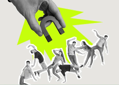 Magnet zieht mehrere Personen an, Darstellung von Anziehungskraft oder Rekrutierung
