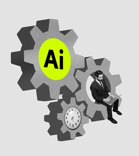 Menschliche Hand schüttelt eine Roboterhand neben Zahnrädern und „AI“, Symbol für Zusammenarbeit zwischen Mensch und künstlicher Intelligenz
