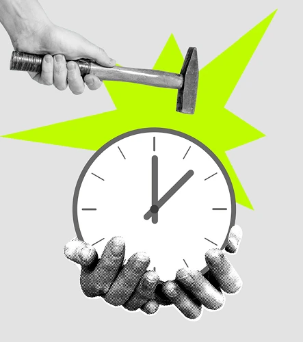 Person sitzt auf Zahnrädern mit „AI“ und Uhr, Symbol für Automatisierung und effiziente Arbeitsprozesse
