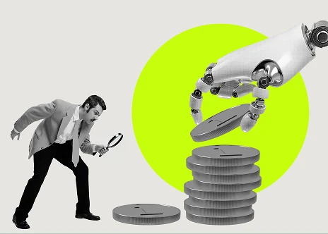 Roboterhand stapelt Münzen, während ein Mann sie untersucht, Symbol für automatisierte Finanzen