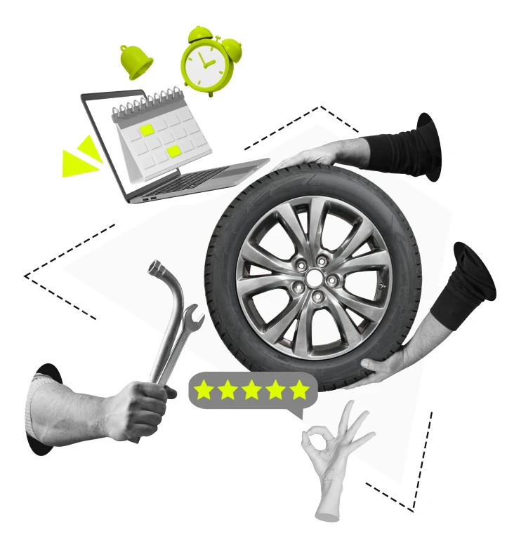 Mechaniker steht neben Reifen und Tablet mit Zahnrädern und Diagramm, Symbol für digitale Werkstatt und Wachstum