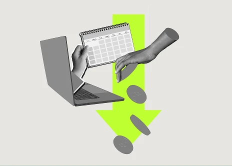 Hände halten ein Autoreifen mit Werkzeug, Kalender und Bewertung, Symbol für Service und Terminplanung